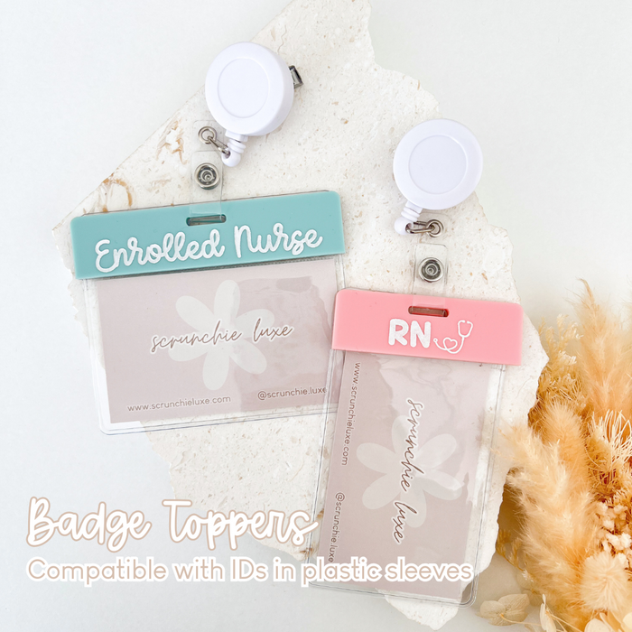 Badge toppers with 'Enrolled Nurse' and 'RN' text on a white background