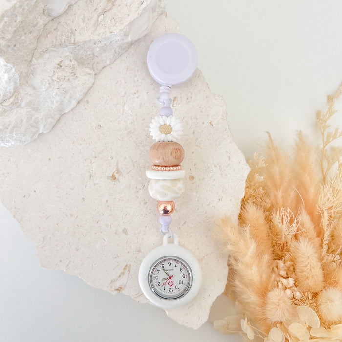 Beaded Medical Fob - Beige Daisy