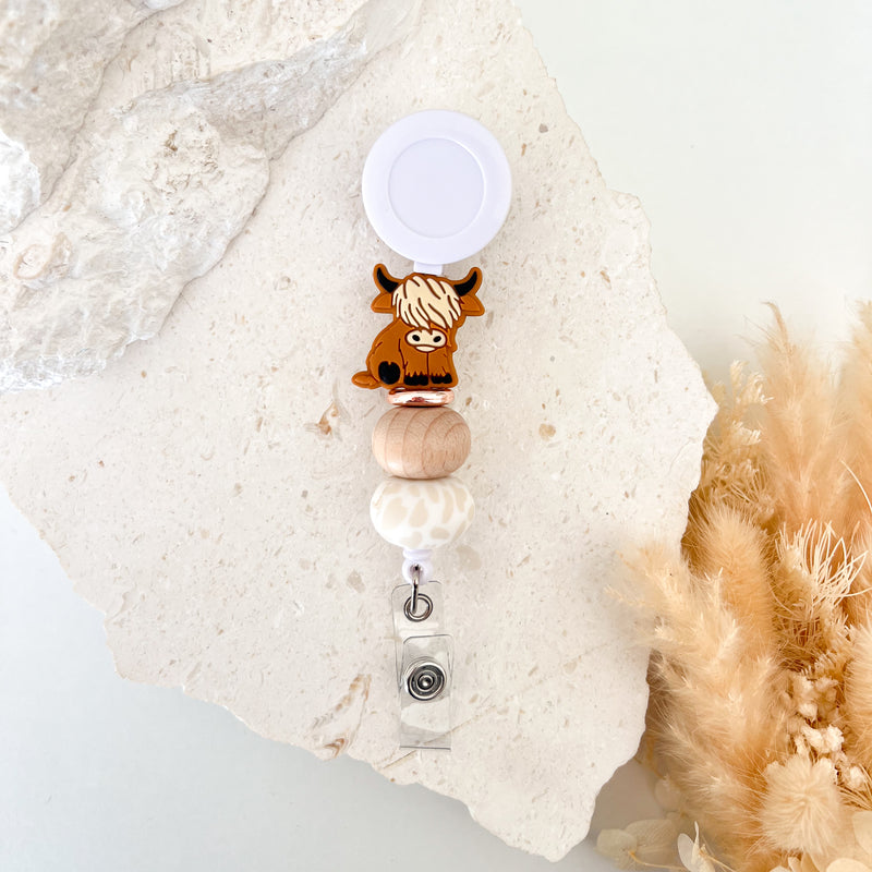 Beaded Badge Reel - Highland Cow