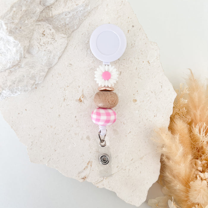 Beaded Badge Reel - Pink Gingham Daisy