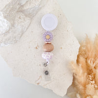 Beaded Badge Reel - Purple Daisy