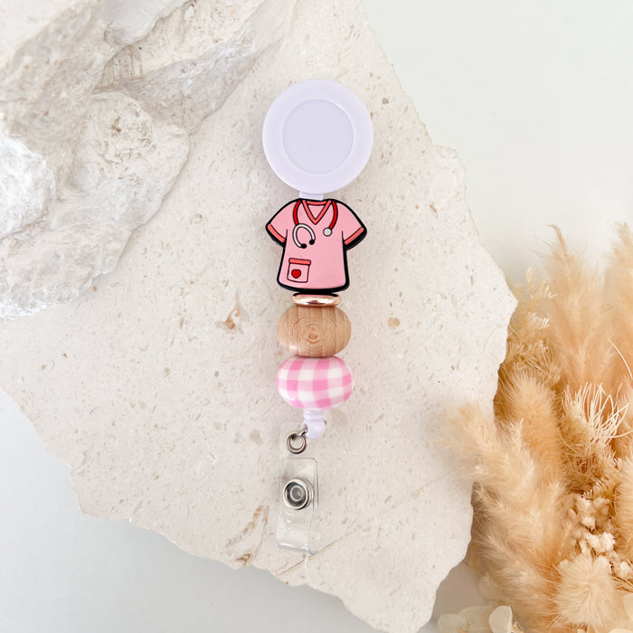Beaded Badge Reel - Pink Scrubs