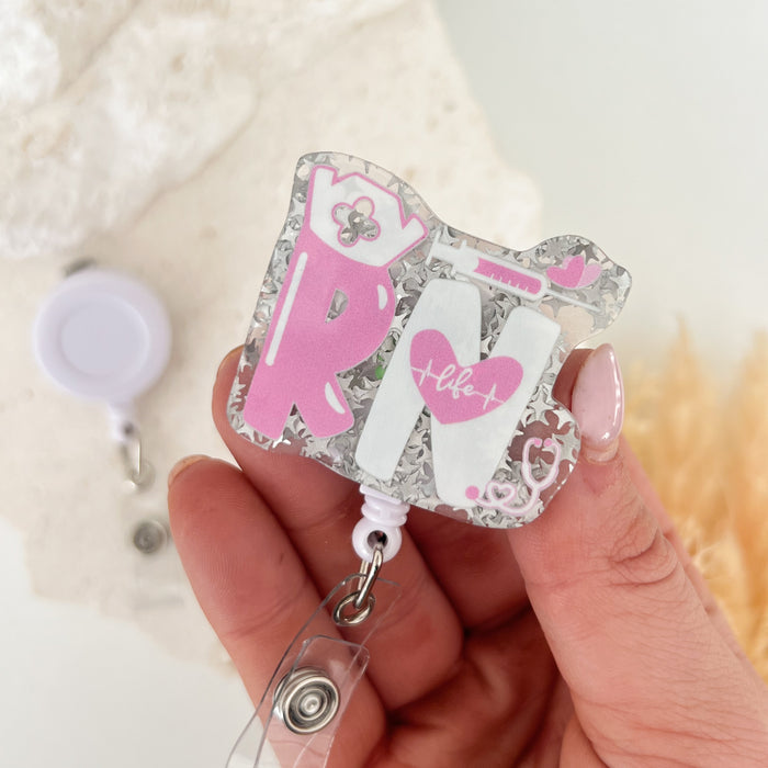 Acrylic Badge Reel - RN Silver/Pink
