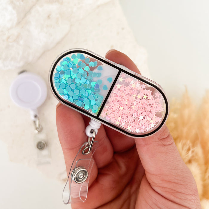 Shaker Acrylic Badge Reel - Pink/Blue Pill