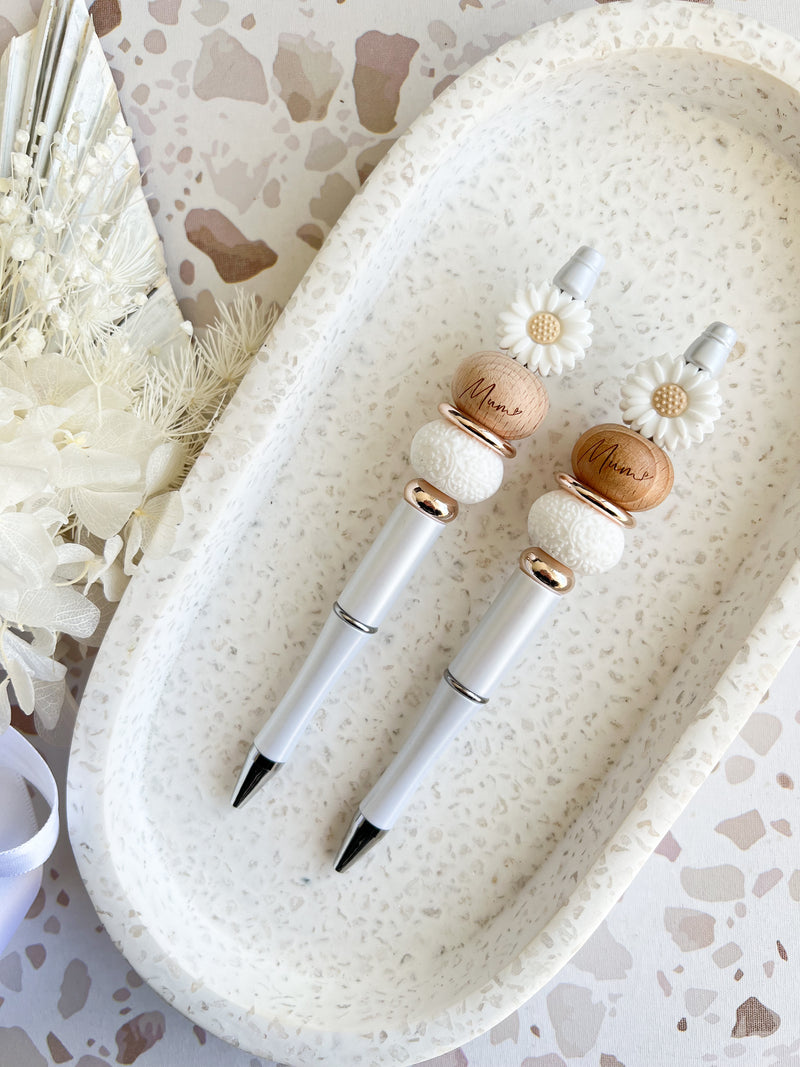 Beige Daisy 'Mum' Beaded Pen